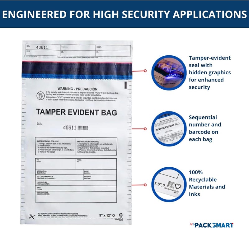 US PACK SMART 12”x16" Opaque Plastic Deposit Bags with Security Tape Tamper Evident - Secure Bank Deposits, Cash Handling, & Currency Transport | Self-Sealing Tape with Hidden Graphics | 100-Pack - Image 2